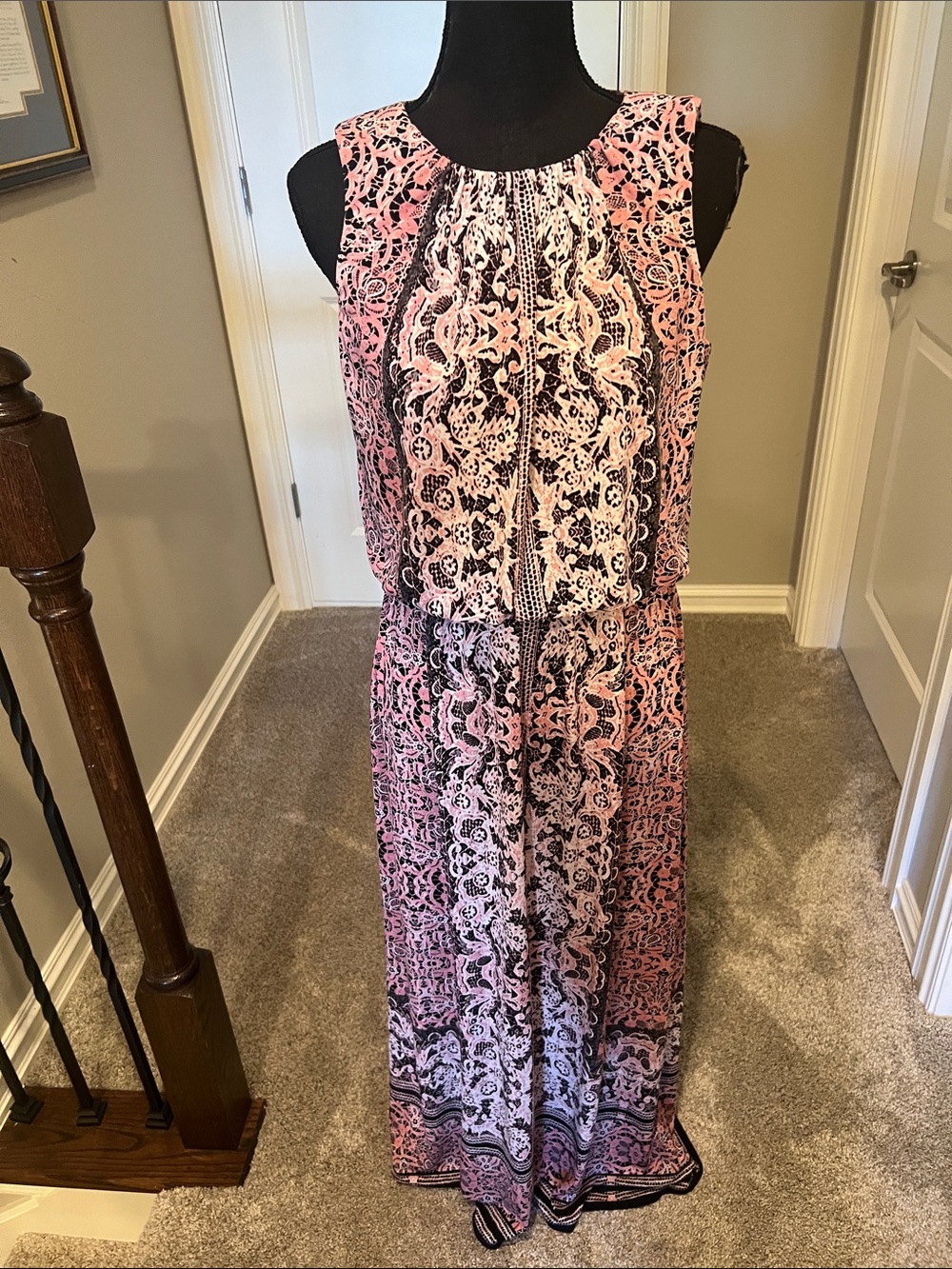 London Style Pink & Black Patterned Sleeveless Maxi Dress